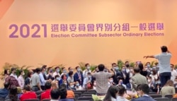 香港民意研究所10月15日公布的民意调查显示，44%受访者不满选委会选举的结果。图为选委会选举候选人团队在湾仔中央点票站等候公布选举结果时拍摄大合照。 (美国之音/汤惠芸)