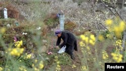 清明节给在汶川大地震中去世的亲人扫墓的男子(2018年4月23日路透社)