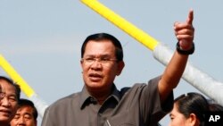 FILE - Cambodian Prime Minister Hun Sen, delivering a speech in Phnom Penh in January.