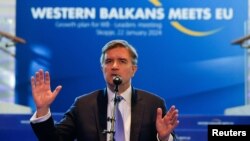 Džejms O’Brajen tokom sastanka sa liderima zapadnobalkanskih zemalja u Skoplju, 22. januara 2024. godine. (Foto: Rojters/Ognen Teofilovski)
