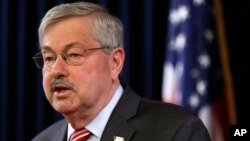 FILE - Iowa Gov. Terry Branstad speaks during a news conference, May 23, 2017, at the Statehouse in Des Moines, Iowa. Branstad is the next U.S. ambassador to China in the Trump administration.