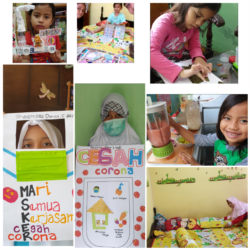 Foto-foto kegiatan anak belajar di rumah saat pandemi: merapikan tempat tidur, bermain monopoli, membuat mainan dari bahan bekas, menempel dedaunan menjadi kolase gambar hewan, membuat poster tentang virus corona, membuat dan minum jus buah. (Foto: Yudha