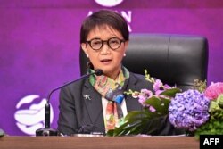 Indonesia's Foreign Minister Retno Marsudi attends a press conference after the 43rd Association of Southeast Asian Nations (ASEAN) Summit in Jakarta on September 7, 2023. (Photo by Adek BERRY / AFP)