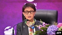 Indonesia's Foreign Minister Retno Marsudi attends a press conference after the 43rd Association of Southeast Asian Nations (ASEAN) Summit in Jakarta on September 7, 2023. (Photo by Adek BERRY / AFP)