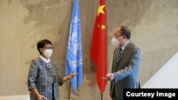 Menlu RI Retno Marsudi membahas situasi Palestina-Israel dengan Presiden DK PBB Zhang Jun di markas PBB, New York, Kamis, 19 Mei 2021. (Courtesy: Twitter Menlu RI). 