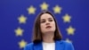 FILE - Exiled Belarusian opposition leader Sviatlana Tsikhanouskaya speaks at the European Parliament on Sept. 13, 2023, in Strasbourg, France.