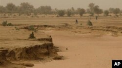 In this April 30, 2012 photo, people walk past a dry seasonal riverbed in the Matam region of northeastern Senegal. Since late 2011, aid groups had warned that devastating drought again weakened communities where children already live perilously close to