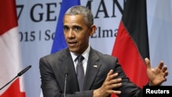 2015年6月8日G7峰会结束之际，奥巴马总统主持新闻发布会 