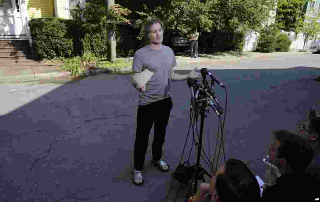 Peter Theo Curtis meets with reporters outside his mother's home in Cambridge, Massachusetts, Aug. 27, 2014. 