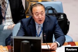 中国常驻联合国代表张军2021年9月23日在联合国安理会上发言（路透社）