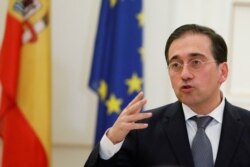 Spanish Foreign Minister Jose Manuel Albares attends a news conference following his meeting with Greek Foreign Minister Nikos Dendias (not pictured) at the Ministry of Foreign Affairs in Athens, Greece, Dec. 14, 2021.