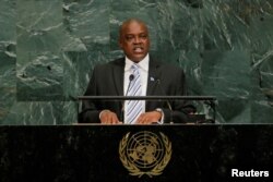 FILE PHOTO: The then vice president of the Republic of Botswana, Mokgweetsi Masisi, addresses the United Nations General Assembly at U.N. headquarters in New York, Sept. 21, 2017.