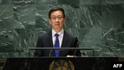 FILE - Wakil Presiden China Han Zheng berpidato di Majelis Umum PBB ke-78 di markas besar PBB di New York City, 21 September 2023. (Ed JONES / AFP)