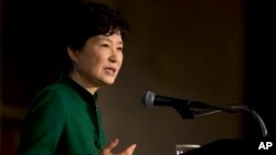 South Korean President Park Geun-hye speaks to the U.S. Chamber of Commerce and the U.S.-Korea Business Council annual meeting in Washington, Oct. 15, 2015.