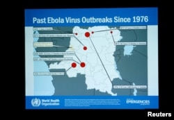 A slide is pictured during a briefing for World Health Assembly (WHA) delegates on the Ebola outbreak response in Democratic Republic of the Congo at the United Nations in Geneva, Switzerland, May 23, 2018.
