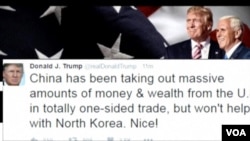 川普发推文称中国在朝鲜问题上不帮美国的忙