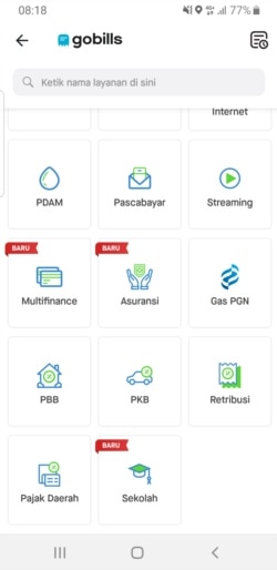 Aplikasi GoPay di fitur GoBills menyediakan icon pembayaran uang sekolah di sekolah yang sudah terdaftar di Aplikasi online ini. (Foto: screenshot)