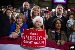 FILE - Donald Trump's supporters watch him speak during a campaign rally in Grand Rapids, Michigan, Oct. 31, 2016.