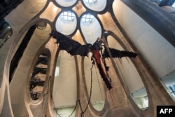 A sculpture by South African artist Nicholas Hlobo dominates the main hall in The Zeitz Museum of Contemporary African Art in Cape Town, Sept. 15, 2017.