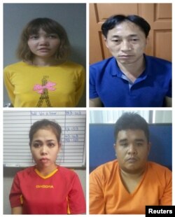 金正男被杀事件中被捕的嫌疑人：越南的Doan Thi Huong（左上），朝鲜的李钟哲（右上），印尼的茜蒂·艾莎（Siti Aisyah，左下），马来西亚的Muhammad Farid Bin Jallaludin（右下）（马来西亚警方2月19日提供）