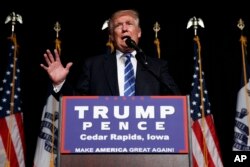 Republican presidential candidate Donald Trump speaks during a campaign rally, July 28, 2016, in Cedar Rapids, Iowa.