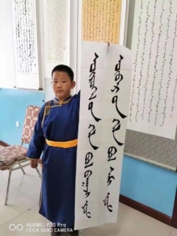 8月20日，内蒙古一名小学生手持“外语是工具，母语是灵魂”的标语，抗议当地教育部门将以汉语替代蒙语的“双语教学”计划。（照片由SMHRIC提供）