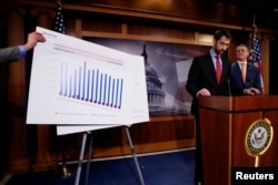 FILE - U.S. Sen. Tom Cotton (R-AR) (2nd R) and Sen. David Perdue (R-GA) (R) unveil legislation aimed at curbing legal immigration by halving the number of legal immigrants admitted into the United States, at the U.S. Capitol in Washington, Feb. 7, 2017.