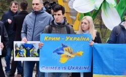 A rally against Russia's occupation of Crimea in Kyiv, Ukraine, on March 9, 2020.