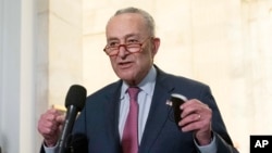Senate Majority Leader Chuck Schumer, D-NY, speaks to the media after Senate Democrats met privately with President Joe Biden, Jan. 13, 2022, on Capitol Hill in Washington.