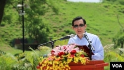 马英九在纪念辜汪会谈23周年仪式上讲话（美国之音齐勇明拍摄）