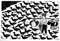 រូបមួយផ្ទាំងឈ្មោះ Migration (ចំណាកស្រុក) គូរដោយលោក ម៉ន ជា បង្ហាញអំពីការងារគង្វាលទាមួយដែលលោកបានធ្វើដោយត្រូវរស់នៅឆ្ងាយពីស្រុក។ (រូបថតដោយអូផេនស្ទូឌីអូកម្ពុជា)