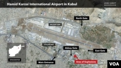 Mapa aerodroma u Kabulu sa lokacijama gde je došlo do eksplozije