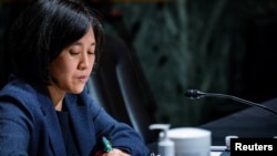 资料照片:美国贸易代表戴琪在参议院金融委员会作证。(2021年5月12日)