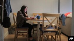 Lindsay Garfield, yang saat itu menjabat sebagai Direktur Keuangan di SquareFoot, bekerja dari rumah pada 11 Maret 2020, di New York. (Foto: AP)