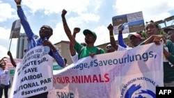 Environmental activists chant slogans as they carry placards and banners during a protest in Nairobi, Kenya, March 1, 2018, against a government decision to construct a standard-gauge railway line across the Nairobi National Park. 