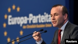 欧洲议会欧洲人民党联盟主席韦伯（Manfred Weber）2019年3月30日在德国纽伦堡发表演说。