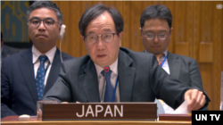 야마자키 카즈유키 유엔주재 일본 대사가 16일 ‘우크라이나 평화와 안보 유지’를 주제로 열린 유엔 안보리 회의에서 발언하고 있다. 사진 = UNTV