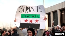 Syrian-Americans and supporters celebrate after Syrian rebels announced that they have ousted President Bashar al-Assad in Syria, in Dearborn