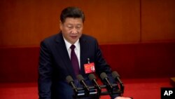 中共总书记习近平在北京人大会堂召开的中共十九大开幕式上发表讲话。（2017年10月18日）