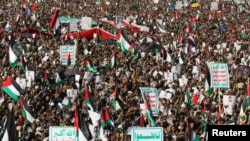Houthi supporters in Sanaa protest against airstrikes launched by the U.S. and U.K. on Houthi targets in Yemen on January 12, 2024. (Khaled Abdullah/Reuters)