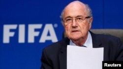 Re-elected FIFA President Sepp Blatter arrives for a news conference after an extraordinary Executive Committee meeting in Zurich, Switzerland, May 30, 2015. 