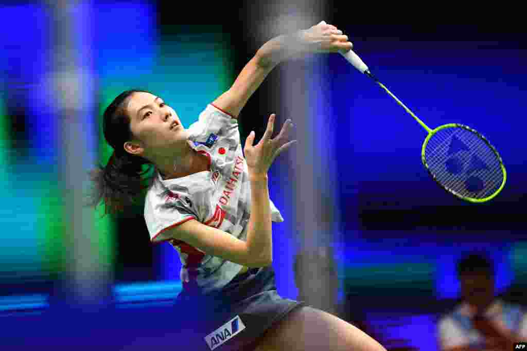 2018年8月1日,在江苏省南京举行的羽毛球世界锦标赛上,日本的大堀彩(Aya Ohori)在女子单打比赛中。
