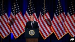 Presiden Donald Trump membeberkan strategi keamanan nasional di Washington,18 Desember 2017. 