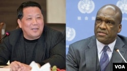 澳门大地产商吴立胜(左) 起诉书指第68届联大主席、安提瓜和巴布达驻联合国代表约翰·阿什 (美国之音合成图片)