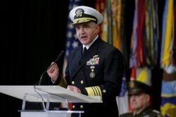 FILE - Then-Vice Adm. Charles Richard, commander of U.S. Strategic Command, speaks during a change-of-command ceremony at Offutt Air Force Base in Nebraska, Nov. 18, 2019,