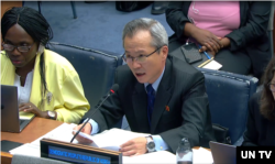 문정철 유엔주재 북한대표부 차석대사가 표결에 앞서 지난달 1일 북한과 관련된 내용이 포함된 결의안에 대한 반대 의견을 표명하고 있다.