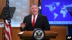 Secretary of State Mike Pompeo addresses a news conference at the State Department in Washington, Tuesday, April 7, 2020. (Leah Millis/Pool Photo via AP)
