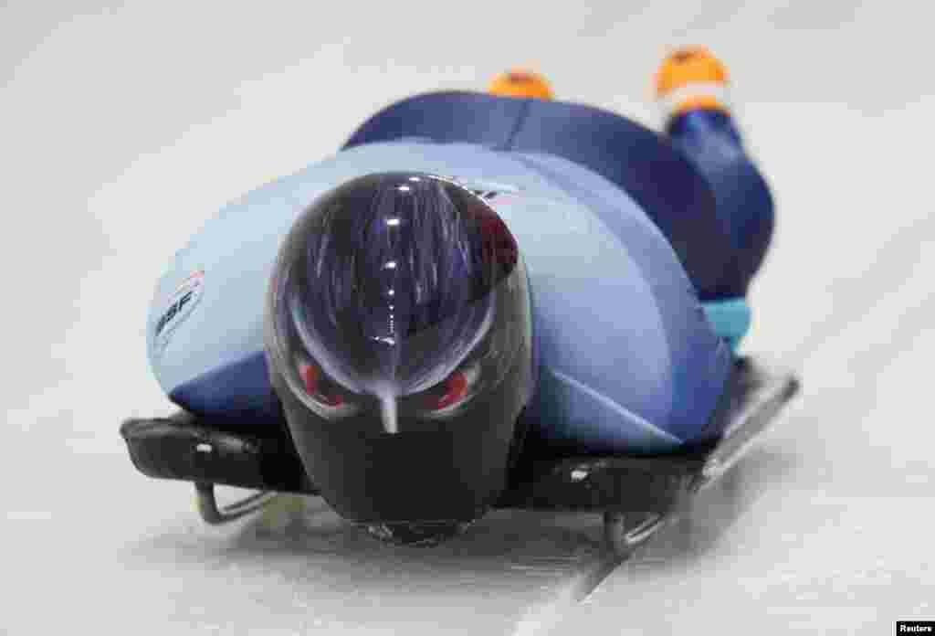 Dan Barefoot of the U.S. competes in the men&#39;s skeleton during the IBSF World Championships at Mount Van Hoevenberg in Lake Placid, New York.