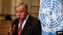 FILE - U.N. Secretary-General Antonio Guterres speaks during a news conference in Cairo, Oct. 19, 2023. He appealed Feb. 8, 2023, for a humanitarian cease-fire in Gaza, warning of a catastrophe if Israel proceeds with a reported plan for military strikes in Rafah, Gaza Strip.