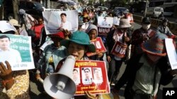 Supporters of three land rights activists protest in the Cambodian capital Phnom Penh, on May 22, 2023, to demand their release from pre-trial detention. 